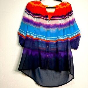 Chaus Colorful Pleated Blouse with three quarter sleeves. Sz L.